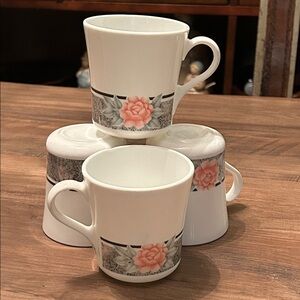 Corning Corelle Silk Roses Coffee Mug Cup Black Pink Flowers Roses Set of 4
